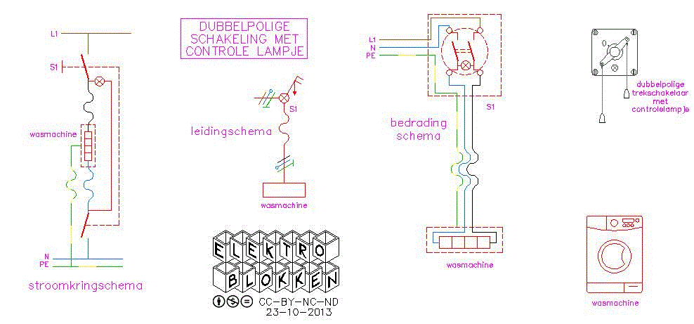 Dubbelpolige schakeling met controle lamp (wasmachine trekschakelaar)