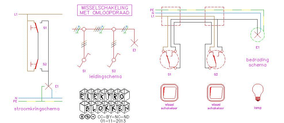 Wisselschakeling met omloopdraad (schakelaars volgens de afgesproken tekenwijze)